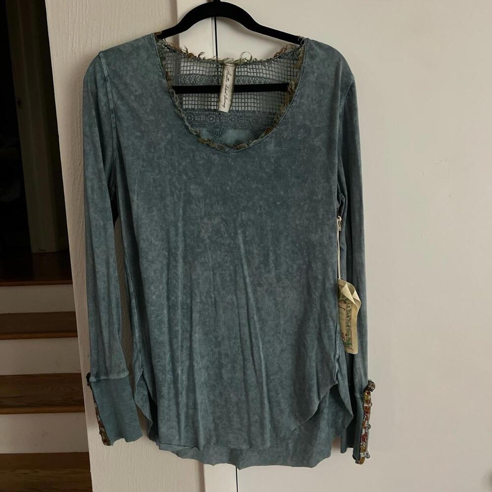 Aratta Silent Journey Top Blouse Shirt Women Size Medium Blue Embroidered Lace